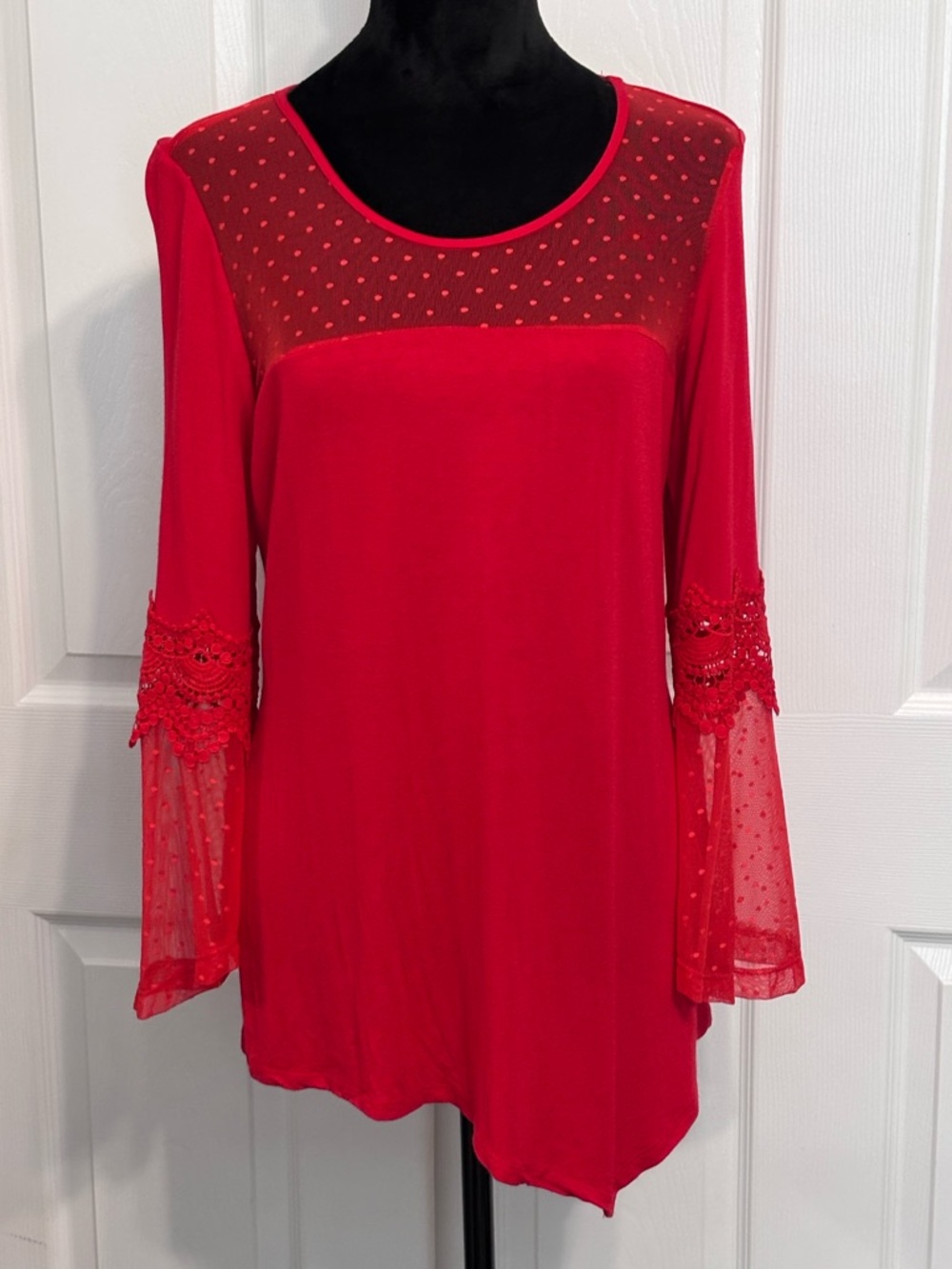 Kate & Mallory Red Lace Mesh Accent Sheer Yoke Long Bell Sleeve Blouse Size S